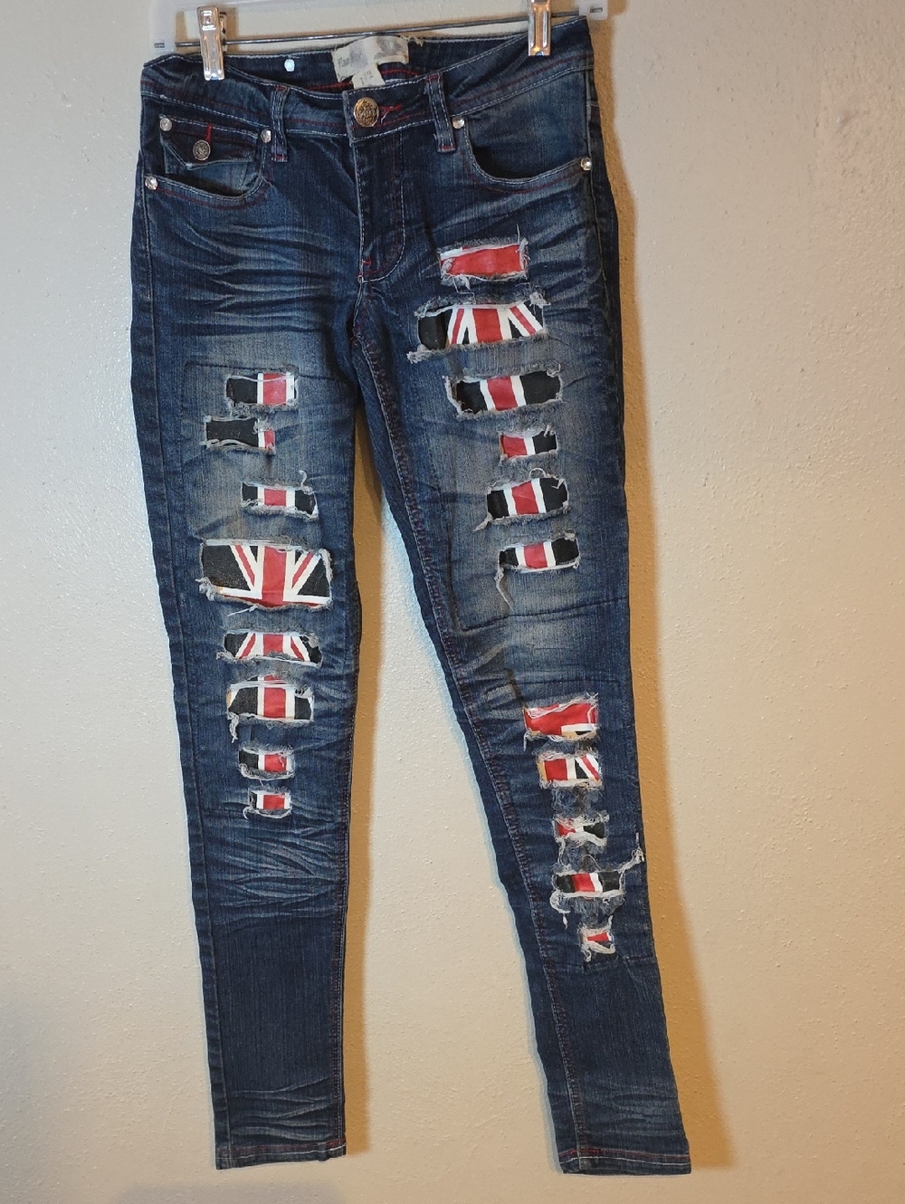 Raw Blue Dark Blue Skinny Jeans with Red, White & Blue Union Jack Patch Rips 1/2